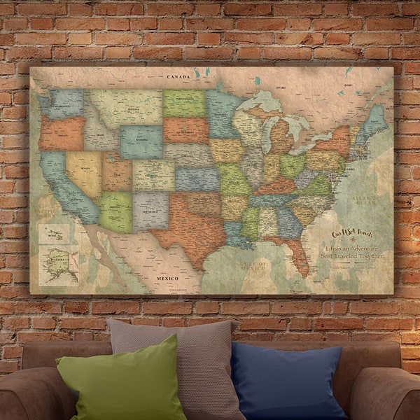 USA Push Pin Travel Map, Vintage look Customized Push Pin Map, Large Wall art, Wedding, Travel, New Home Gift United States Personalized Map