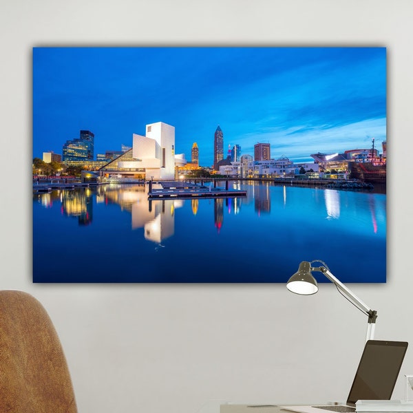 Cleveland Skyline on Canvas, Ohio Skyline at Night, Panoramic Photo Cityscape, Large Wall Art, Rock & Roll Hall of Fame, Browns Stadium