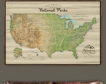 USA National Parks Push Pin Map, USA Travel Map, Custom National Parks Map, Wedding or Travel Gift Decor,  Rustic Large Wall Art, Nature art