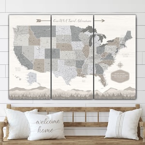 Large Farmhouse USA Map Push Pin Personalized Canvas Map, Great Traveler Gift, Modern Farmhouse Decor, United States Push Pin Map Decor