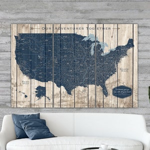 Huge Rustic United States Push Pin Map Personalized Canvas, Large Wall Art USA Map Travel Gift, Custom Quote Map, Tryptic Wood Grain USA Map