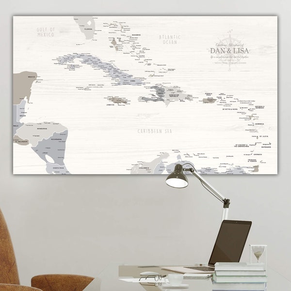 Farmhouse Caribbean Push Pin Travel Map, Customized Map Framed, Neutral Pin Board Map, Large Wall art, Caribbean Map Push Pin travel gift