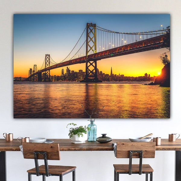 San Francisco Bay Bridge on Canvas at Sunset with SF Skyline, Panoramic Photo Cityscape, California Large Wall Art, San Francisco Gift