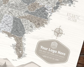 USA Push Pin Map with Your Logo, Personalized Travel Map to pin B&B guests, church missions, sales, visitors, homes, offices, trips.