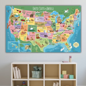 Kids USA Map Colorful Push Pin Personalized Canvas, Educational Art Nursery or Kids Room decor, United States Illustrated Kids Wall Art