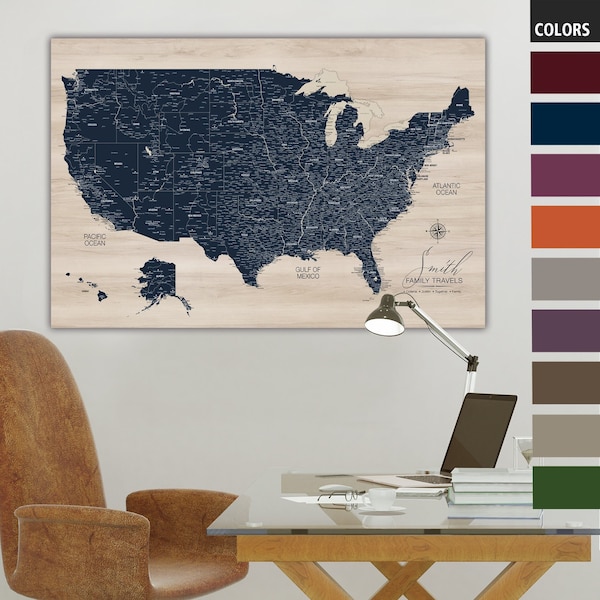 Modern Wood USA Push Pin Map Personalized on Canvas, Custom Colors, Pinboard Map Office Art Decor, Travel Map Wedding - New Home Gift