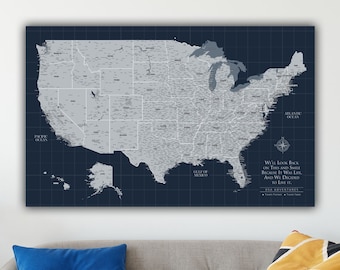 Navy USA Push Pin Map Personalized Canvas, Custom Travel Map, Detailed United States Map with Push Pins, Large Wall Art, Great Travel Gift