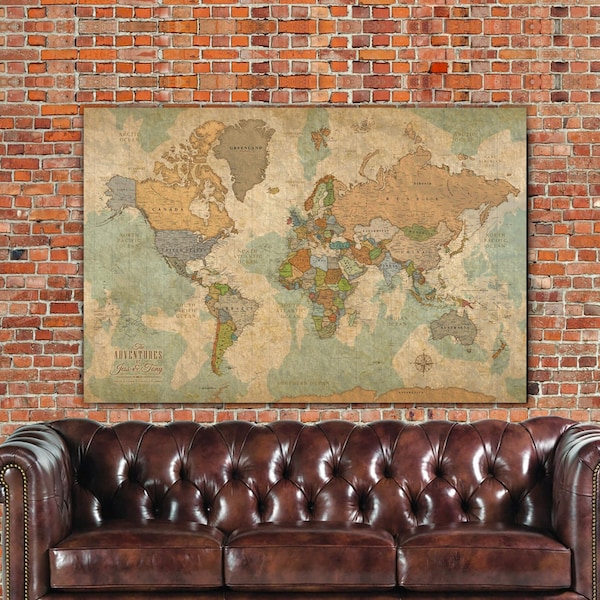Push Pin Travel Map of World, Customized Map Framed One Panel, Vintage Push Pin Map, Large Wall art, World Map Push Pin travel gift