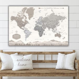 Farmhouse Push Pin World Map Personalized Canvas, Travel Gift, Rustic Push Pin Travel Map, Fixer Upper, Modern Wall Art, Gifts for her