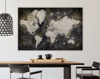 Personalized Industrial World Map with Push Pins, Custom Canvas Pin Board to Mark Travels, Push Pin Keepsake Travel Tracker with Names