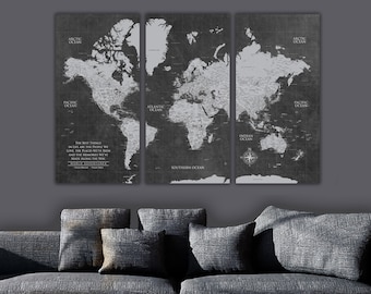 Grey Push Pin World Travel Map - Canvas Art, Custom Push Pin Map, 3 Panel Extra Large Wall Art, Personalized Travel or Wedding Pinboard Gift