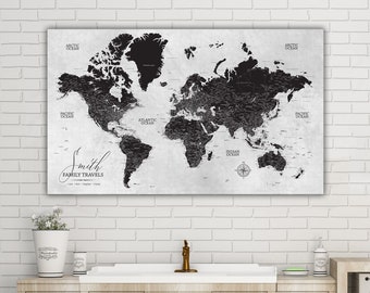 Smoked Black & White Push Pin World Map Custom Canvas, Large Wall Art Travel Gift, Personalized Map, Modern Farmhouse World Map Pin Board