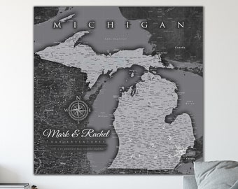 Grey Michigan Push Pin Map, Canvas Michigan Office Wall Art, State Travel Gift, MI Pinboard Map, New Jersey or Virginia or Any US State