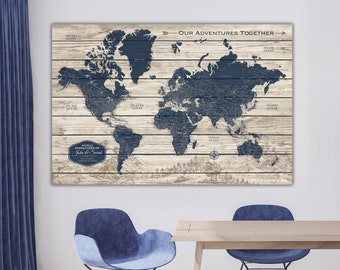 Personalized Rustic World Map on Wood Grain Background, Custom Canvas Pin Board to Mark Travels, Push Pin Keepsake Travel Tracker with Names