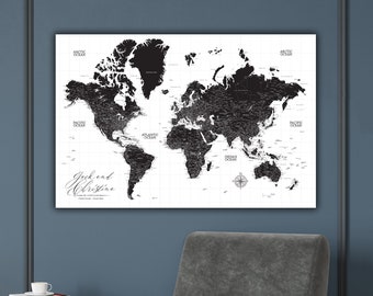 Black & White Push Pin World Map Custom Canvas, Large Wall Art Travel Gift, Personalized Map, Modern Farmhouse World Map Pin Board
