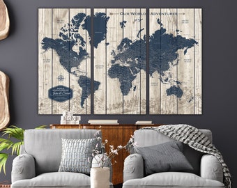 3 Panel Personalized Rustic World Map on Wood Grain Background, Custom Canvas Pin Board to Mark Travels, Push Pin Keepsake Travel Tracker