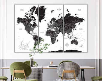 Extra Large Black & White Push Pin Personalized World Canvas Set, Wall Art Travel Gift, Custom Quote Map with Pins To Mark Travels