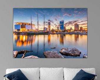 Milwaukee Skyline on Canvas at Sunset, Milwaukee Lakefront Panoramic Photo, Milwaukee Art Museum Large Wall Art, Color or Black and White