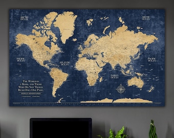 Gold & Navy Textured World Push Pin Map on Premium Canvas with Personalized Legend, Customized Pinboard Office Decor Map for Pinning Travel