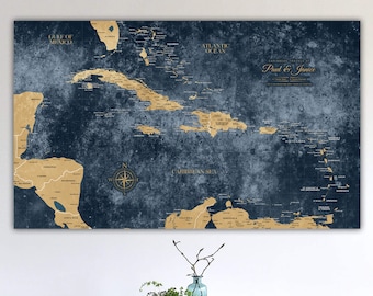 Gold & Navy Textured Caribbean Push Pin Travel Map, Customized Map, Large Wall art, Classic Nautical Caribbean Pin Board Map travel gift