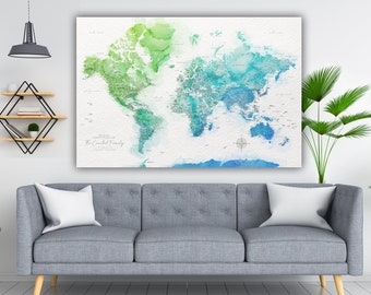 Blue & Green Watercolor World Push Pin Map on Premium Canvas with Personalized Legend, Customized Pinboard Office Decor for Pinning Travel