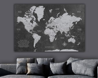 Grey Push Pin World Map Personalized 1-Panel Canvas, Custom Travel Map, Push Pin Map, Travel Gifts, World Map Push Pin, Cotton Anniversary