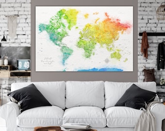 Rainbow Watercolor World Push Pin Map on Premium Canvas with Personalized Legend, Customized Pinboard Office Decor Map for Pinning Travel