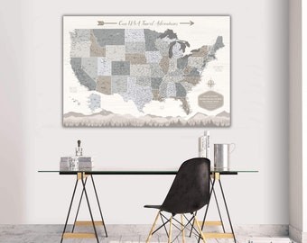 Farmhouse Push Pin USA Map Personalized Canvas, Travel Gift, United States Push Pin Travel Map, Large Custom Modern Farmhouse Wall Art