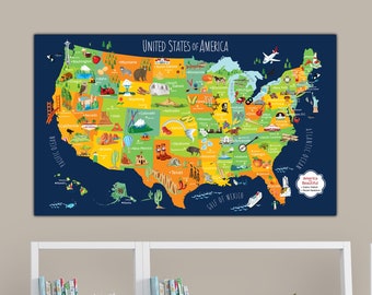 Kids USA Push Pin Map, Navy with Bright Orange & Green, Educational Children's Personalized Canvas, Illustrated US Map, Nursery Wall decor