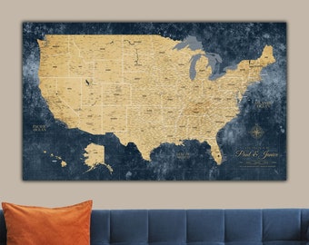 Gold & Navy Textured USA Push Pin Travel Map on Canvas, Custom Push Pin Map of the United States, Travel Gifts, Pinboard Map