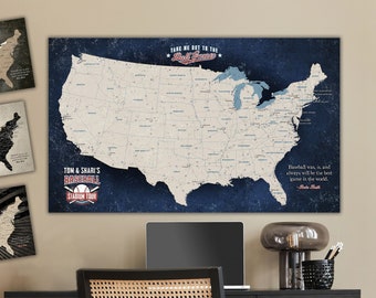 Vintage Baseball Stadium Tour Map, Push Pin Map for Ballpark Bucket List, Personalized Baseball Gift for Him, Baseball Map Sports Bar Decor