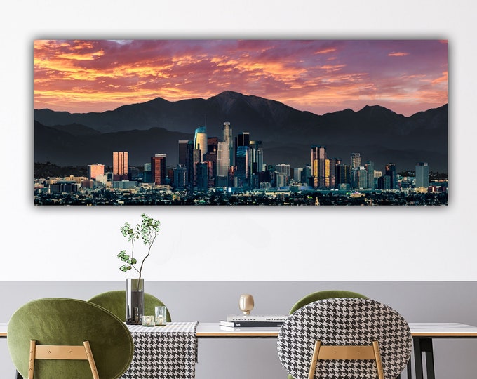 Los Angeles Skyline on Canvas, LA Skyline Sunset with San Gabriel Mountains Panoramic Photo, California Large Wall Art Gallery Wrap