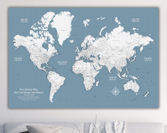 Slate Blue Push Pin Travel Map World, Custom Push Pin World Map, Canvas Map, Travel Gifts, Travel Map Canvas, Push Pin Map, Pinboard Map