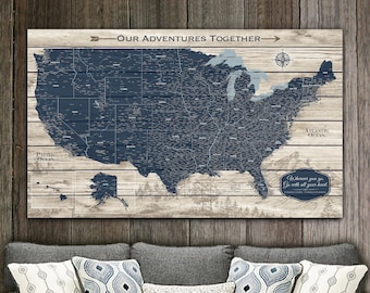 Rustic Push Pin USA Map Personalized Canvas, Travel Gift, United States Push Pin Travel Map, Custom Quote Legend Large Wall Art Wood USA Map