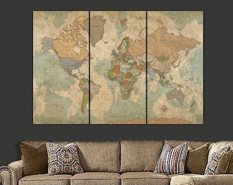 Push Pin Travel Map of World, personalized gift for travelers, Modern Vintage Look Push Pin Map, World Map Push Pin Extra Large Wall Art