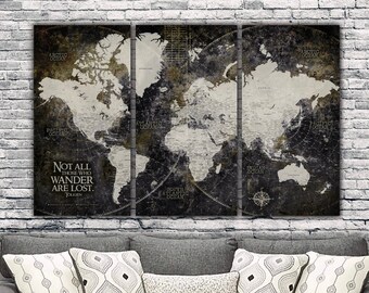 Industrial Detailed Push Pin Travel Map World -3 Panel Set, Push Pin Map World, Canvas Map,  Large Wall art, Industrial Art, World Map Art