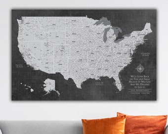 Grey USA Push Pin Map Custom Canvas, Personalized Travel Map, Detailed United States Map, Travel Gift, USA Map with Pins, Large Wall Art