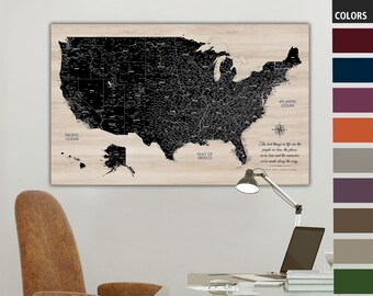 Modern Wood USA Push Pin Map Personalized on Canvas, Custom Colors, Pinboard Map Office Art Decor, Framed Travel Map Wedding - New Home Gift