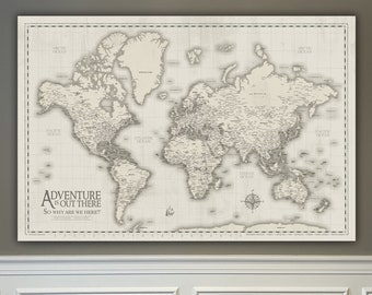 Cream World Push Pin Travel Map on Canvas, Large Wall Art, Old World Home Decor, Personalize, Custom Office Pinboard Map, Valentine Gift