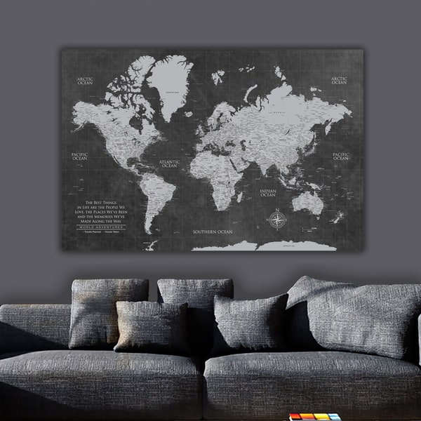 Grey Push Pin World Map Personalized 1-Panel Canvas, Custom Travel Map, Push Pin Map, Travel Gifts, World Map Push Pin, Cotton Anniversary