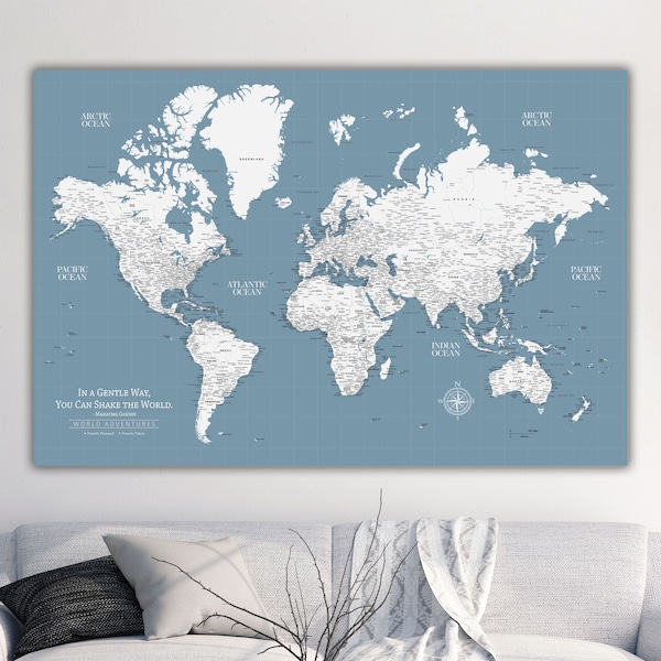 Slate Blue Push Pin Travel Map World, Custom Push Pin World Map, Canvas Map, Travel Gifts, Travel Map Canvas, Push Pin Map, Pinboard Map