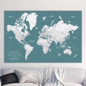 Teal Push Pin Travel Map World, Custom Push Pin World Map, Canvas Map, Travel Gifts, Travel Map Canvas, Push Pin Map, framed map, custom map