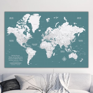 Teal Push Pin Travel Map, Custom Push Pin World Map, Travel Gift for Adventurers, Push Pin Map Art on Premium Canvas, Framed custom options