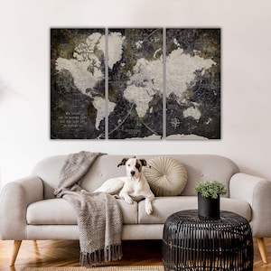 Industrial Detailed Push Pin Travel Map World -3 Panel Set, Push Pin Map World, Canvas Map,  Large Wall art, Industrial Art, World Map Art