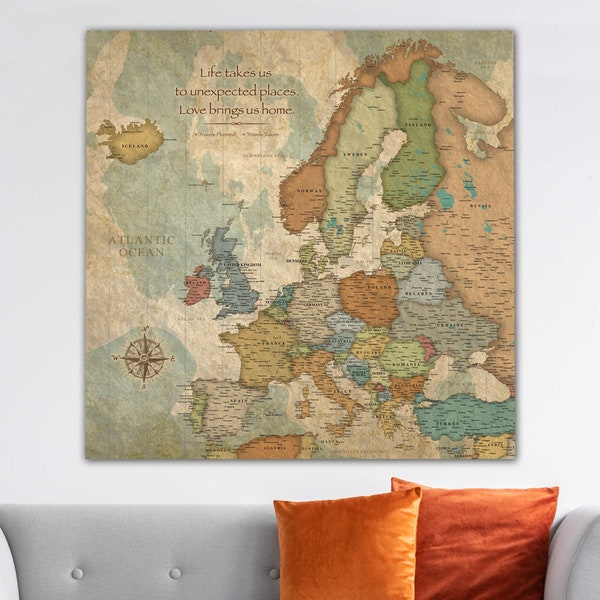 Push Pin Travel Map of Europe, Customized Map Framed One Panel, Vintage Push Pin Map, Large Wall art, Europe Map Push Pin travel gift
