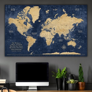 Gold & Navy Textured World Push Pin Map on Premium Canvas with Personalized Legend, Customized Pinboard Office Decor Map for Pinning Travel