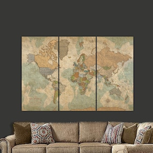 Push Pin Travel Map of World, personalized gift for travelers, Modern Vintage Look Push Pin Map, World Map Push Pin Extra Large Wall Art image 1