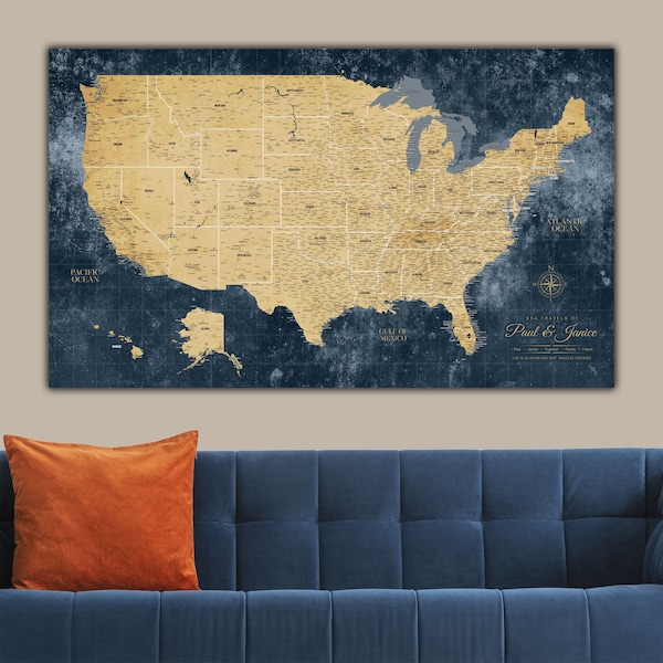 Gold & Navy Textured USA Push Pin Travel Map on Canvas, Custom Push Pin Map of the United States, Travel Gifts, Pinboard Map