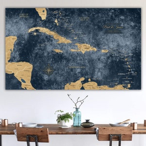 Gold & Navy Textured Caribbean Push Pin Travel Map, Customized Map, Large Wall art, Classic Nautical Caribbean Pin Board Map travel gift