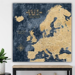 Gold & Navy Textured Europe Push Pin Travel Map, Customized Map One Panel, Large Wall art, Europe Map Pin Board travel gift